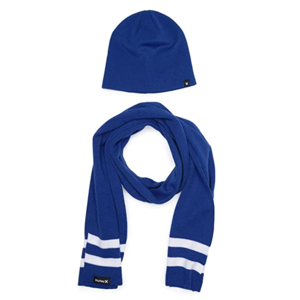 Hurley Mens Style Sporty Soft Hat Beanie Scarf Matching Set Holiday Gifts Blue